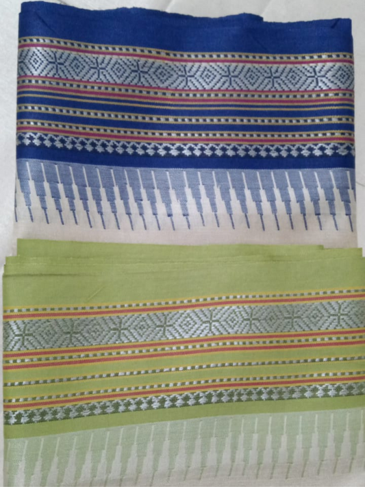 Blue Green Handloom Vidarbha Tussar Silk Saree with Multicolor Contrast Border -075