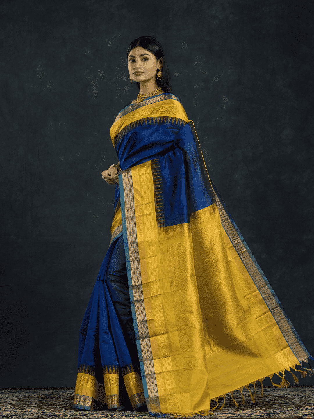 Pure Handloom Korvai Saree | Regal Blue and bright Yellow
