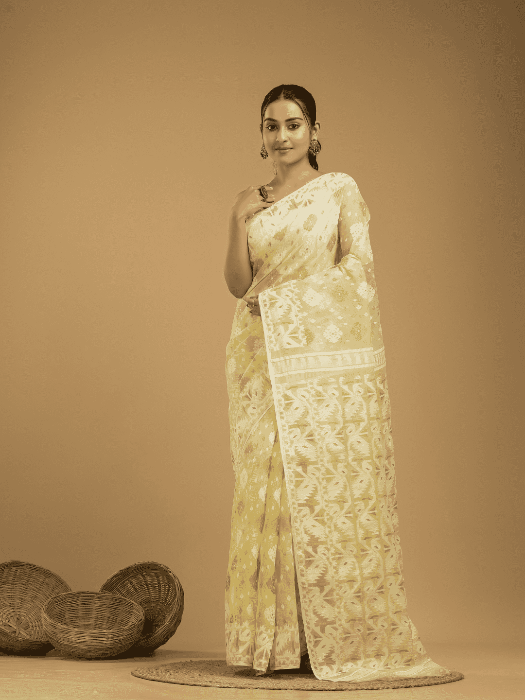 Pale Yellow Cotton Silk Jamdani Saree - 021