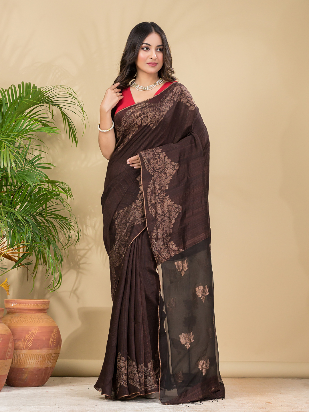 Matka Silk Jamdani Saree With Dark Brown - 022