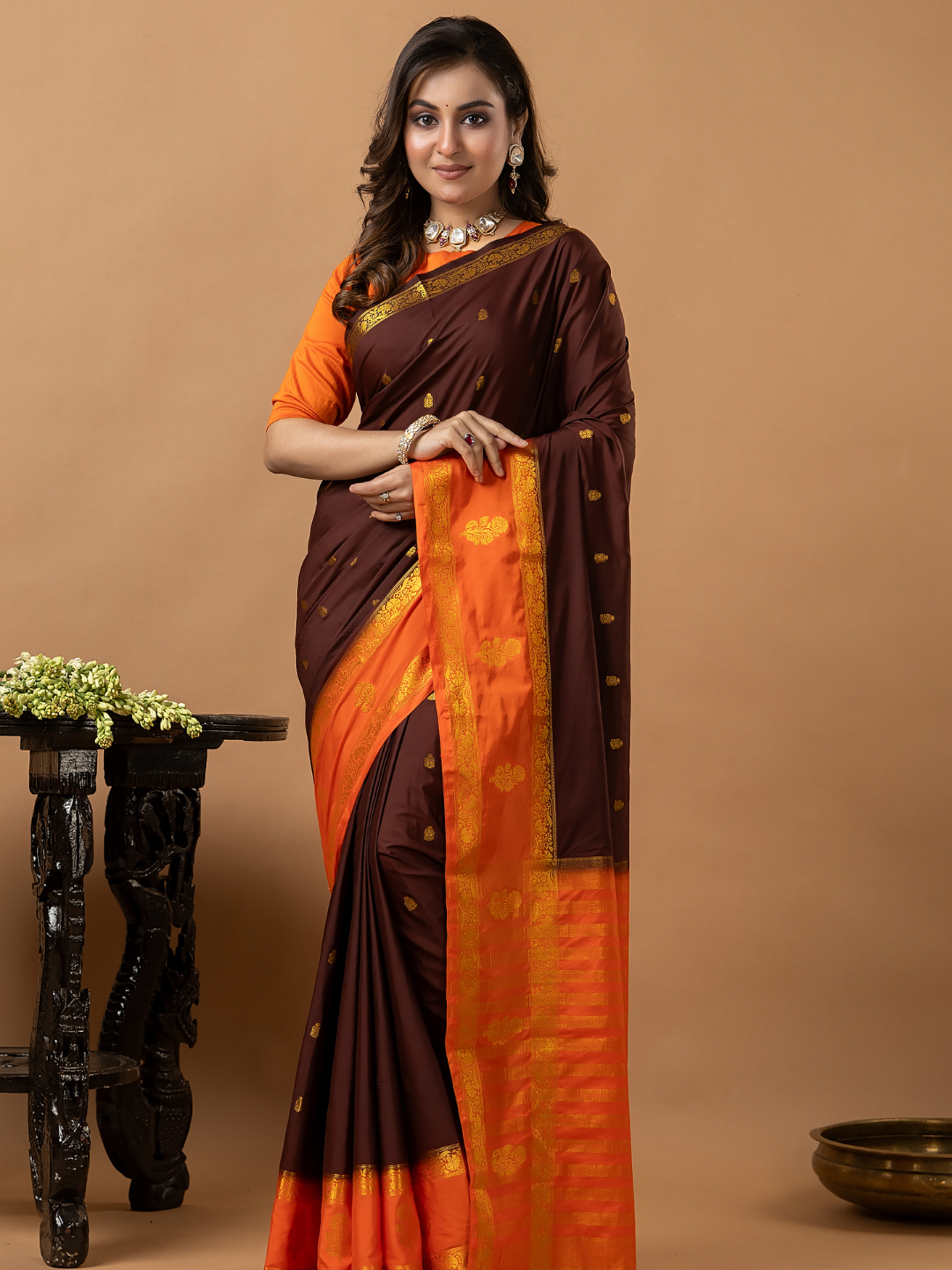 Classic Mysore Semi Silk Saree | Chocolate Brown