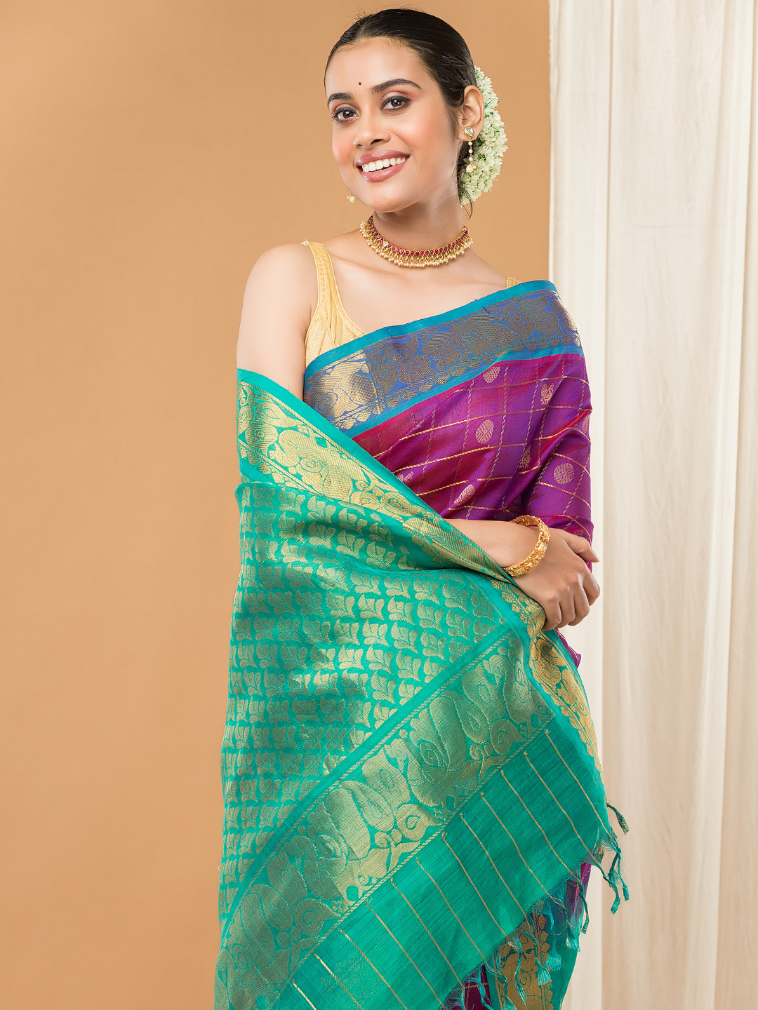 Pure Handloom Korvai Saree | Orchid Purple Cyan Blue