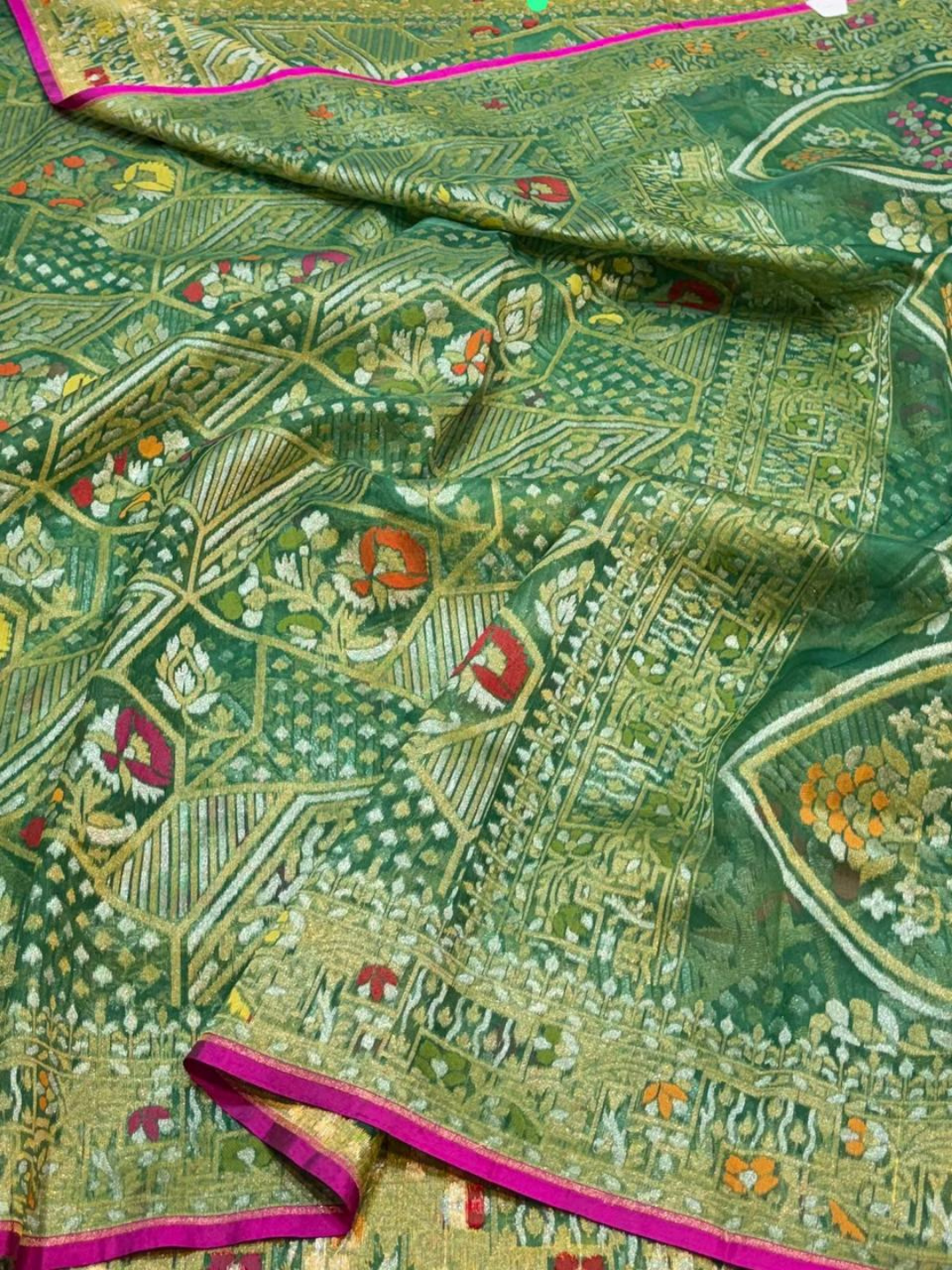 Banarasi Exclusive Ektara Kora JAMDANI Tilfi saree | Green