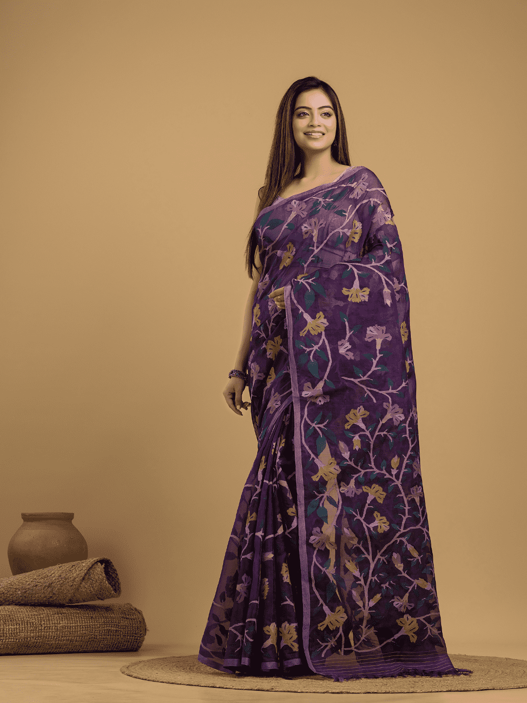 Hand Made Jamdani Saree With  Royal Purple - 036