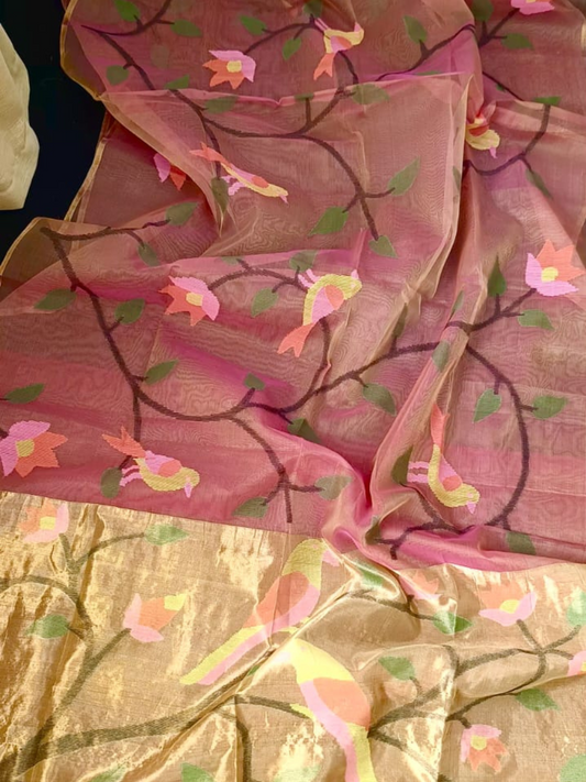 Rose Red  Hand Woven Muslin Paithani Jamdani Saree - 127