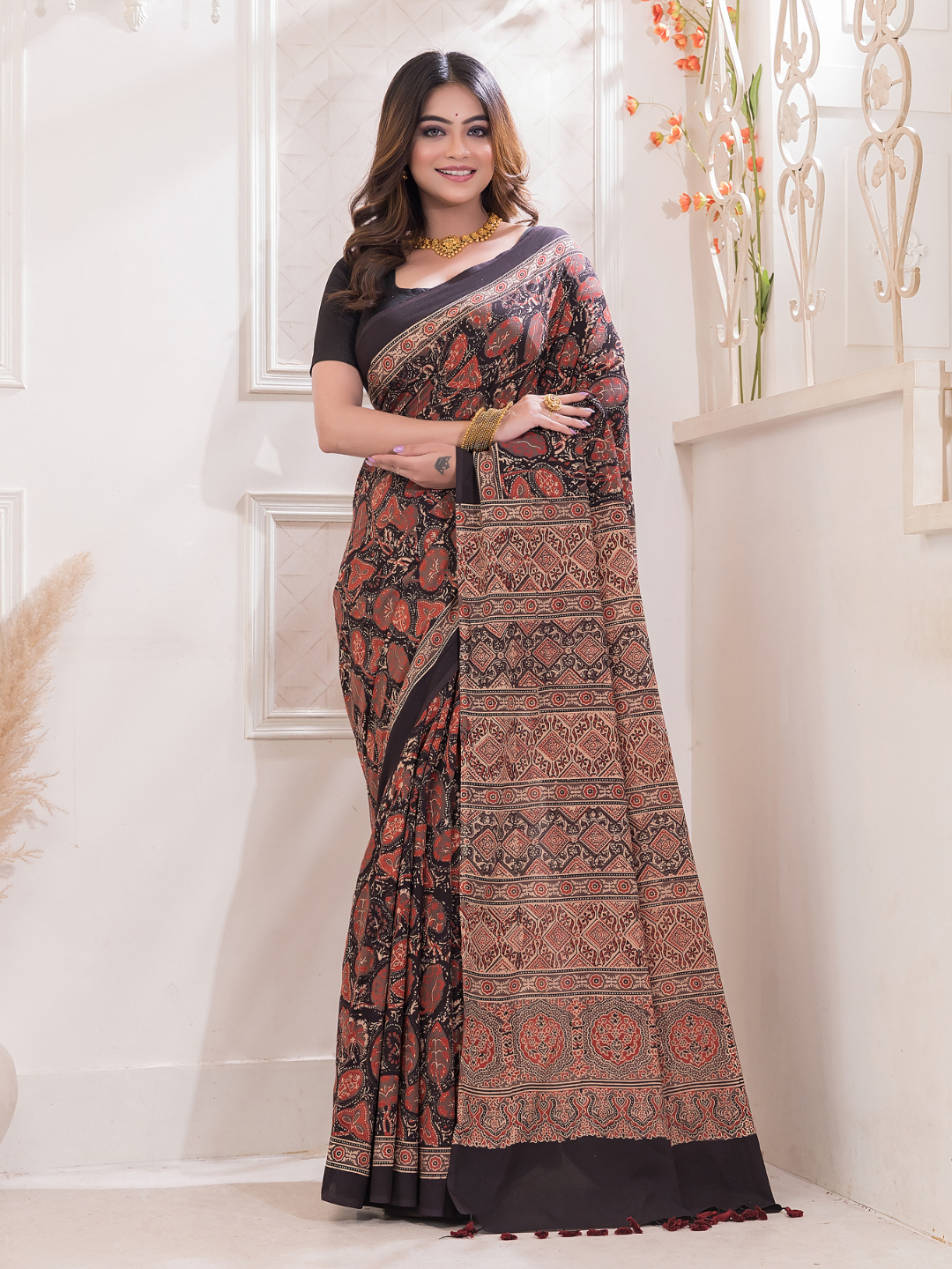 Ajrakh Exclusive Designer Modal Silk in Wine Red -052
