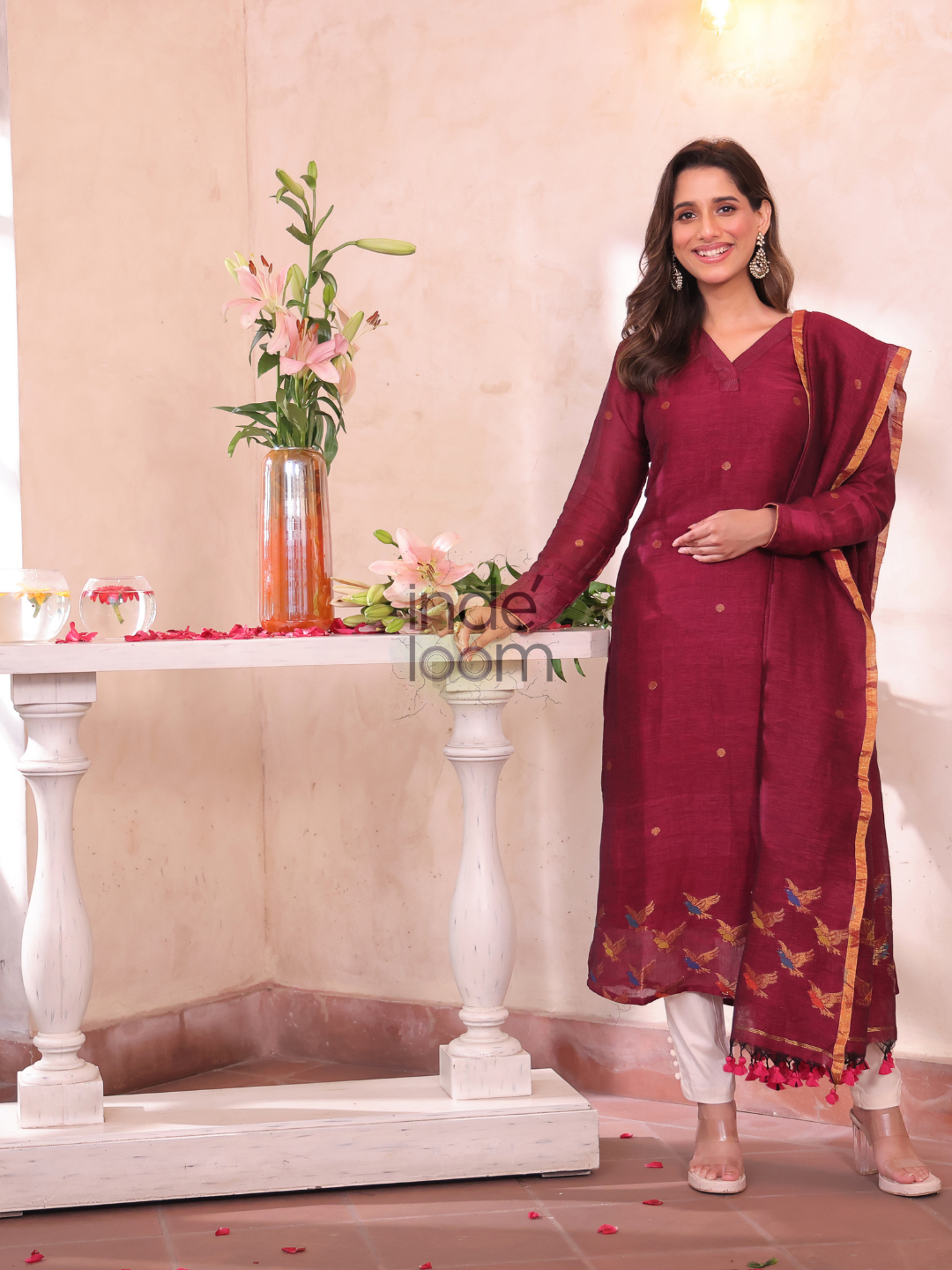 Ruby Red Cotton Linen 2-Piece Set Kurti & Dupatta (UNSTITCHED) - 302