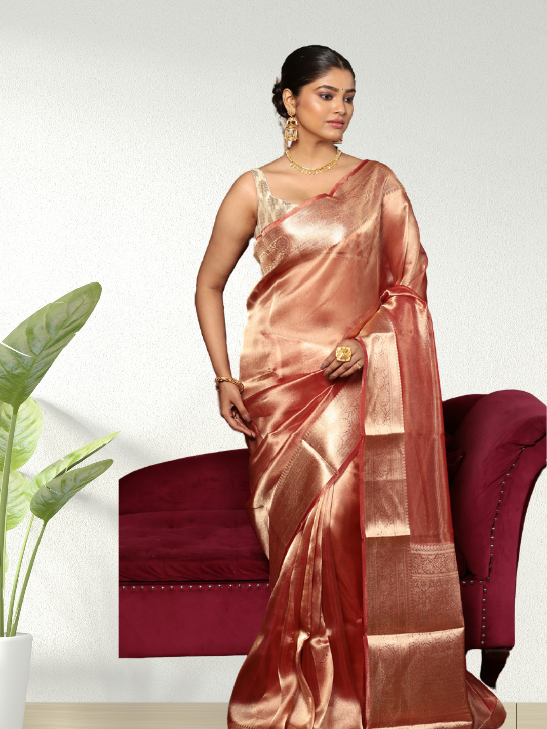 Tissue Silk Saree In Shaded Golden Pink - 005