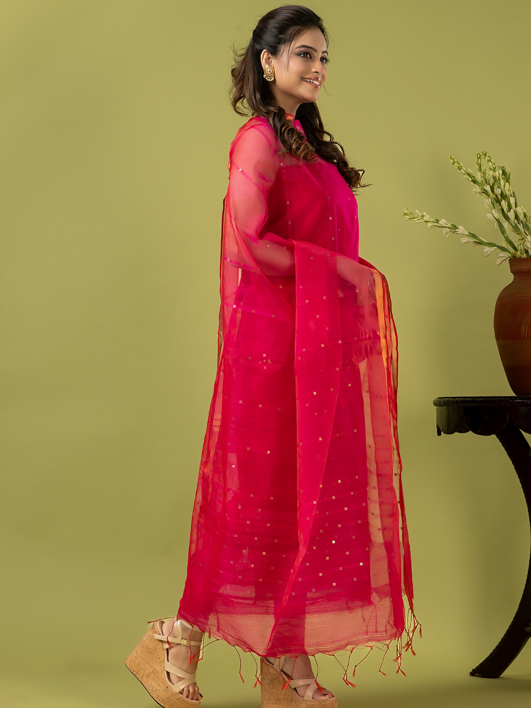 Handwoven Jamdani Muslin Unstitched 2-piece Kurti | Hot Pink