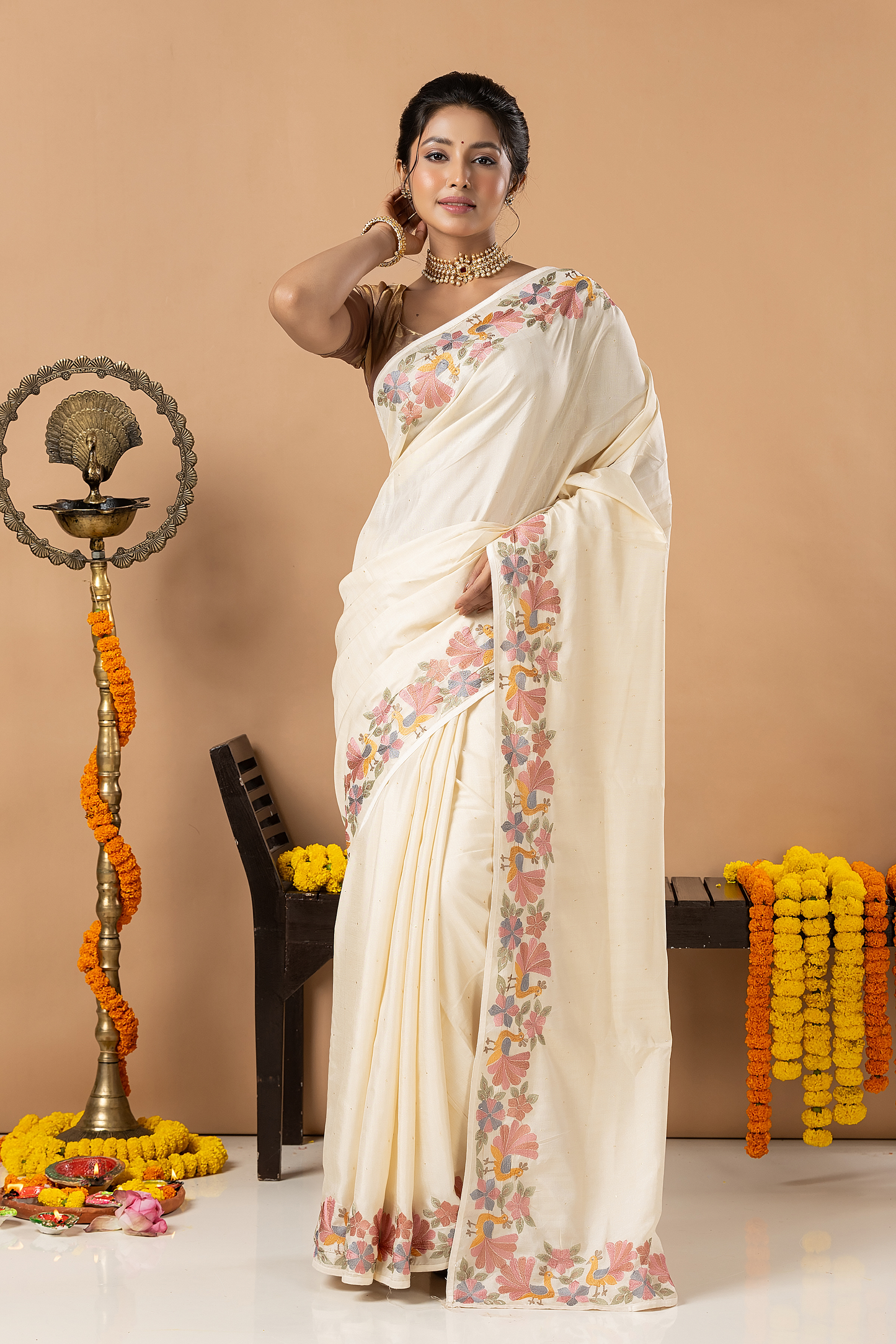 Fancy Semi Silk Saree | White | Plain Body with Floral border