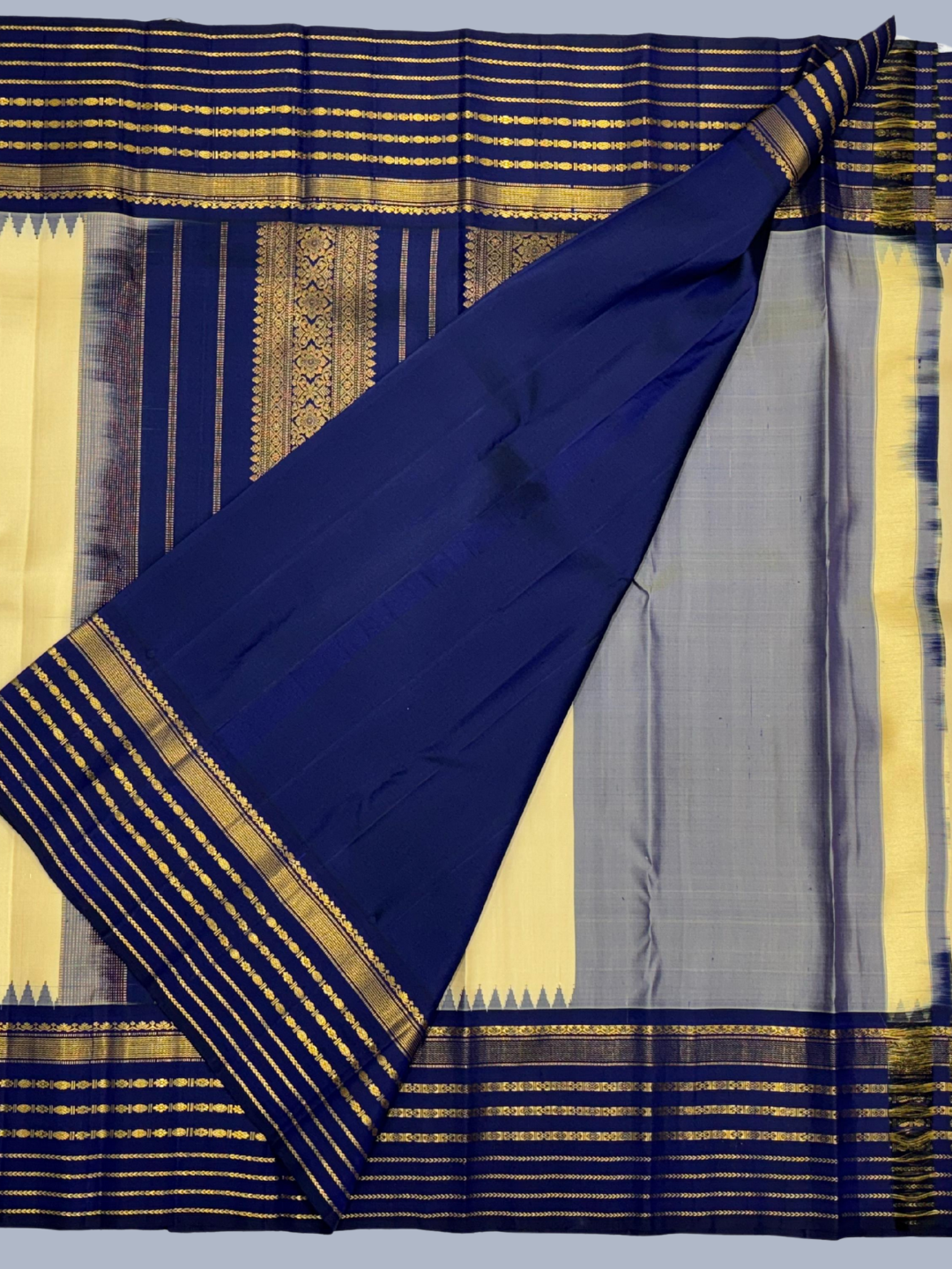 Pure Handwoven Kanchi [Korvai]  Silk Saree In Pale Yellow -214