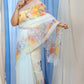 Yellow Orange Floral Garden Pastel Blue Shade-Organza Hand-painted Sari-046