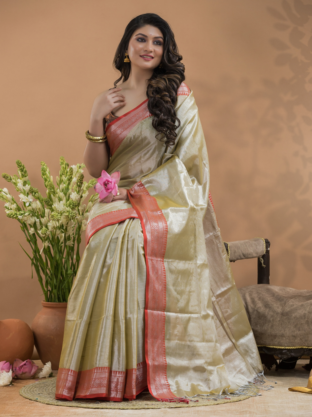 Tissue Silk Saree In Bone White and Red Border  - 023