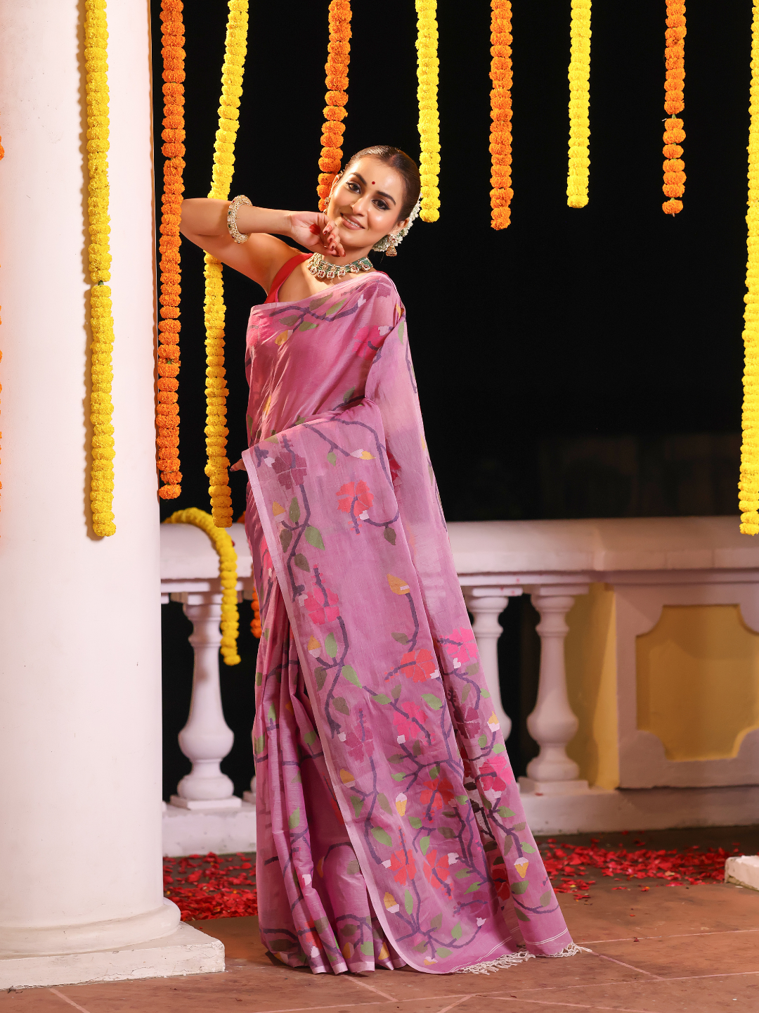 Handloom Jamdani Saree With Rose Pink - 112