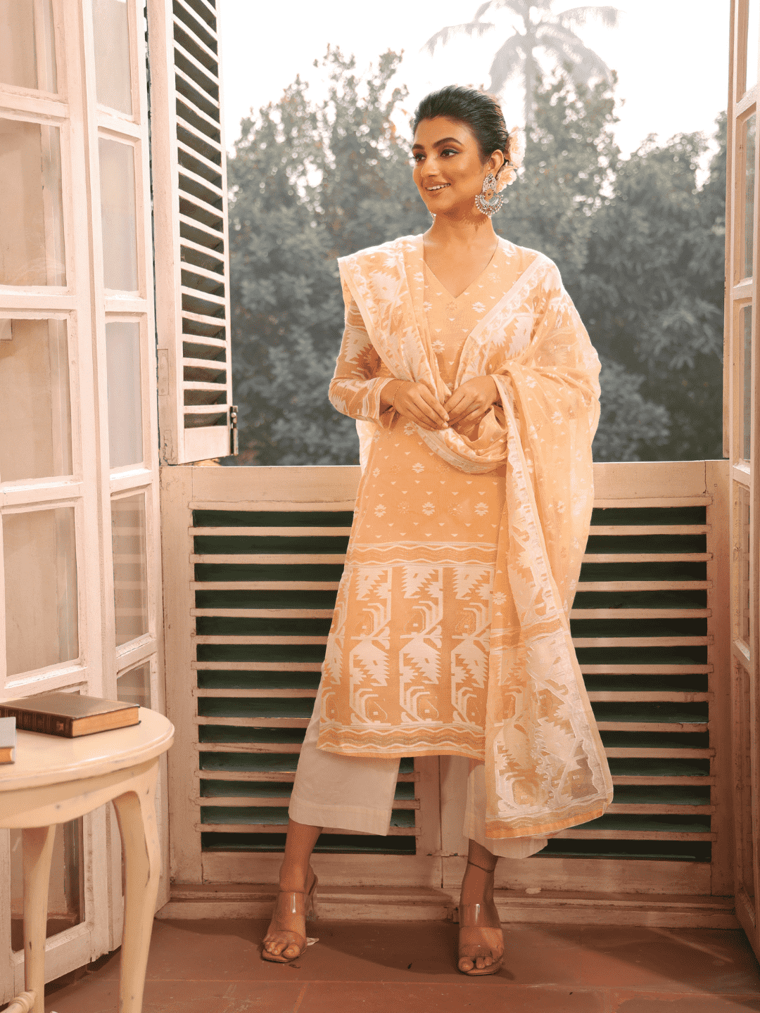 Light Yellow Cotton Silk Jamdani 2-Piece Set Kurti & Dupatta (UNSTITCHED) - 377 - indeloom