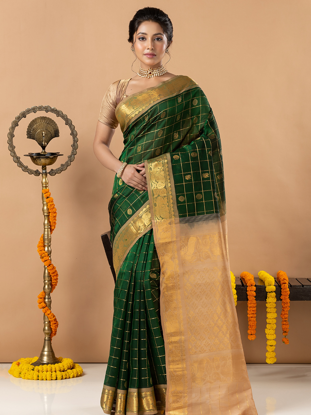 Handloom Korvai Silk Cotton Saree | Bottle Green