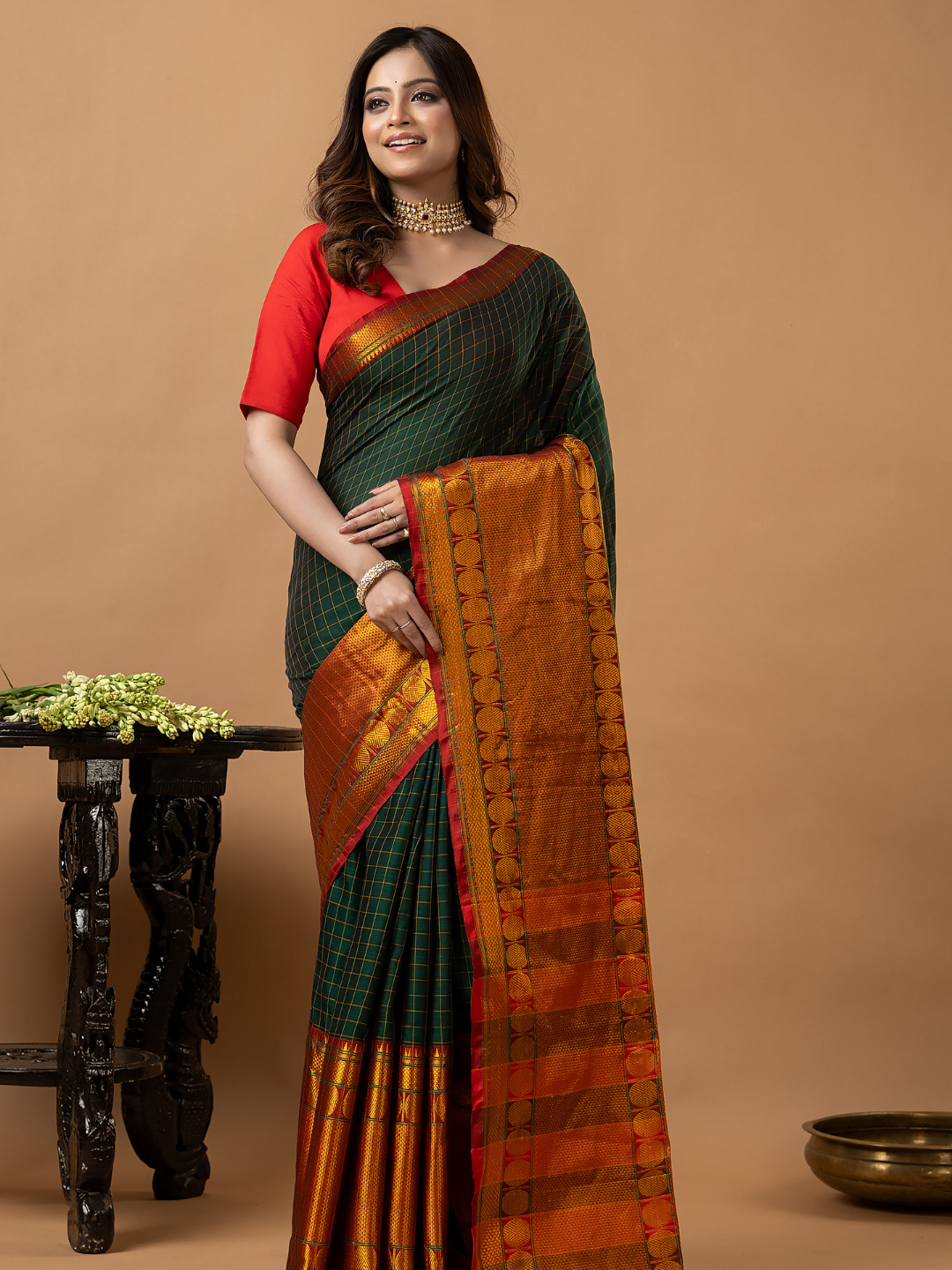 Traditional Narayanpet Cotton Saree | Dark Green