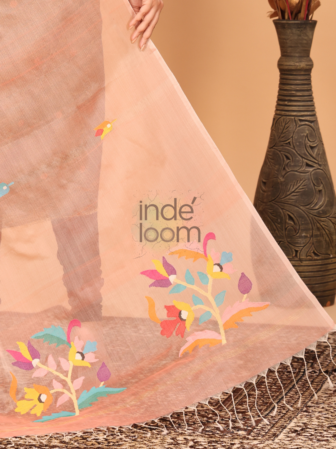 Pure Handloom Muslin Jamdani Dupatta With Punch Pink  - 028