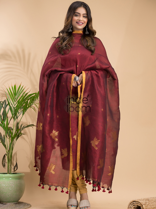 Wine Red Cotton Linen 2-Piece Set Kurti & Dupatta (UNSTITCHED) - 018