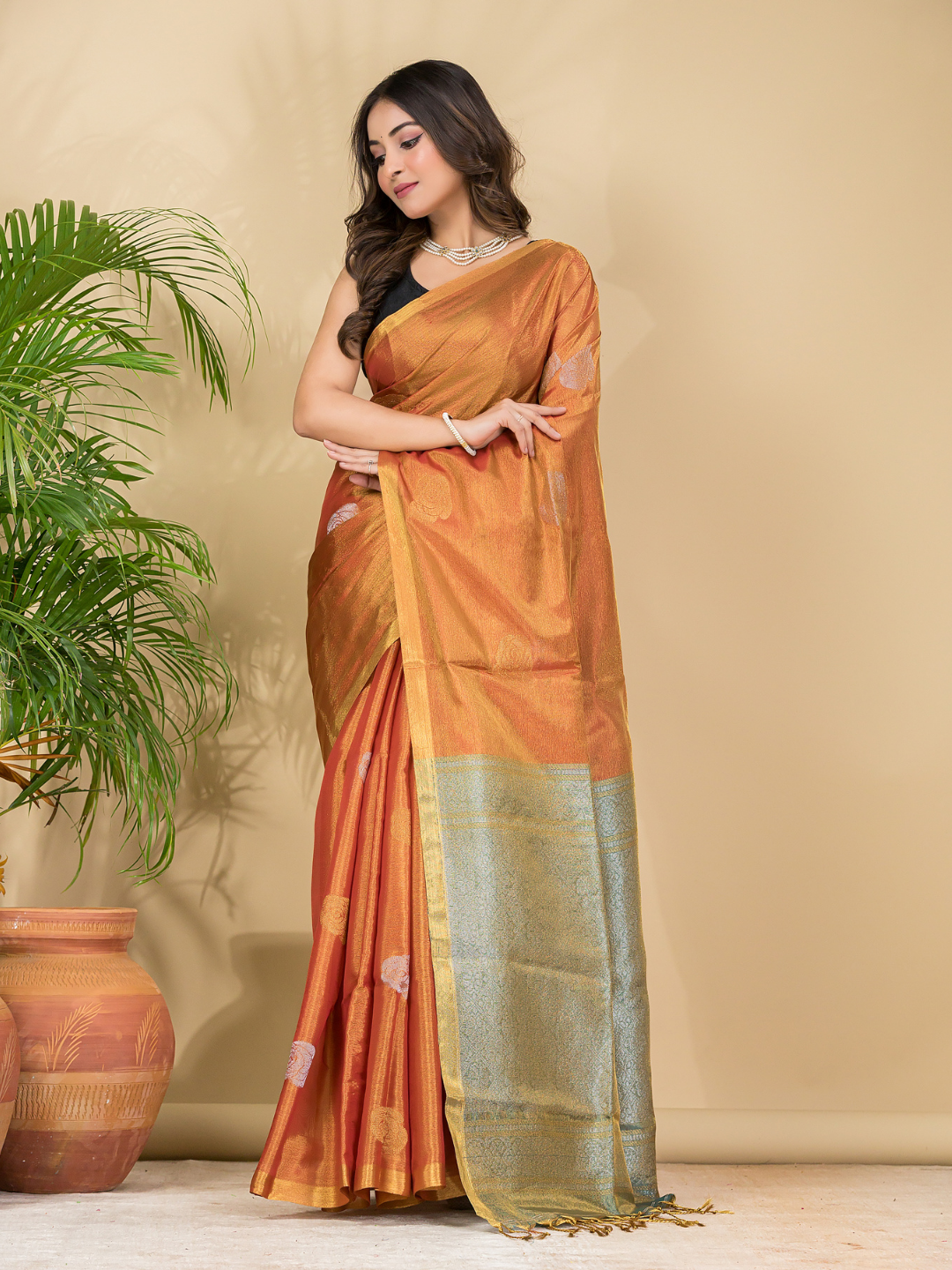 Tissue Silk Saree With Fire Orange - 031