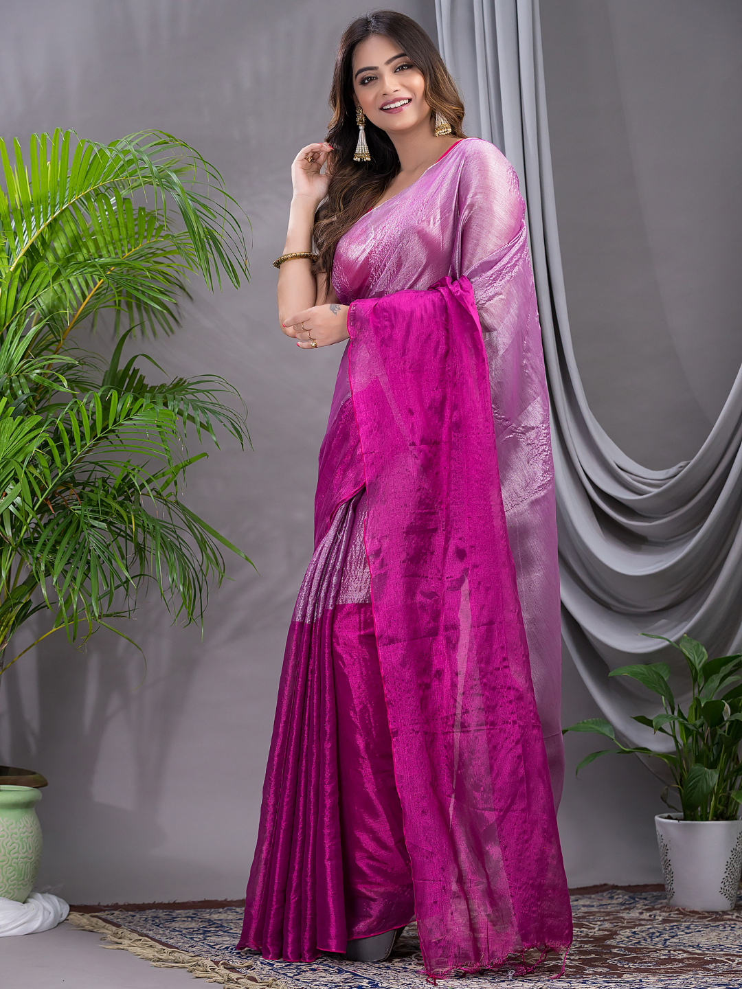 Tissue Silk Saree With Hot Pink - 020
