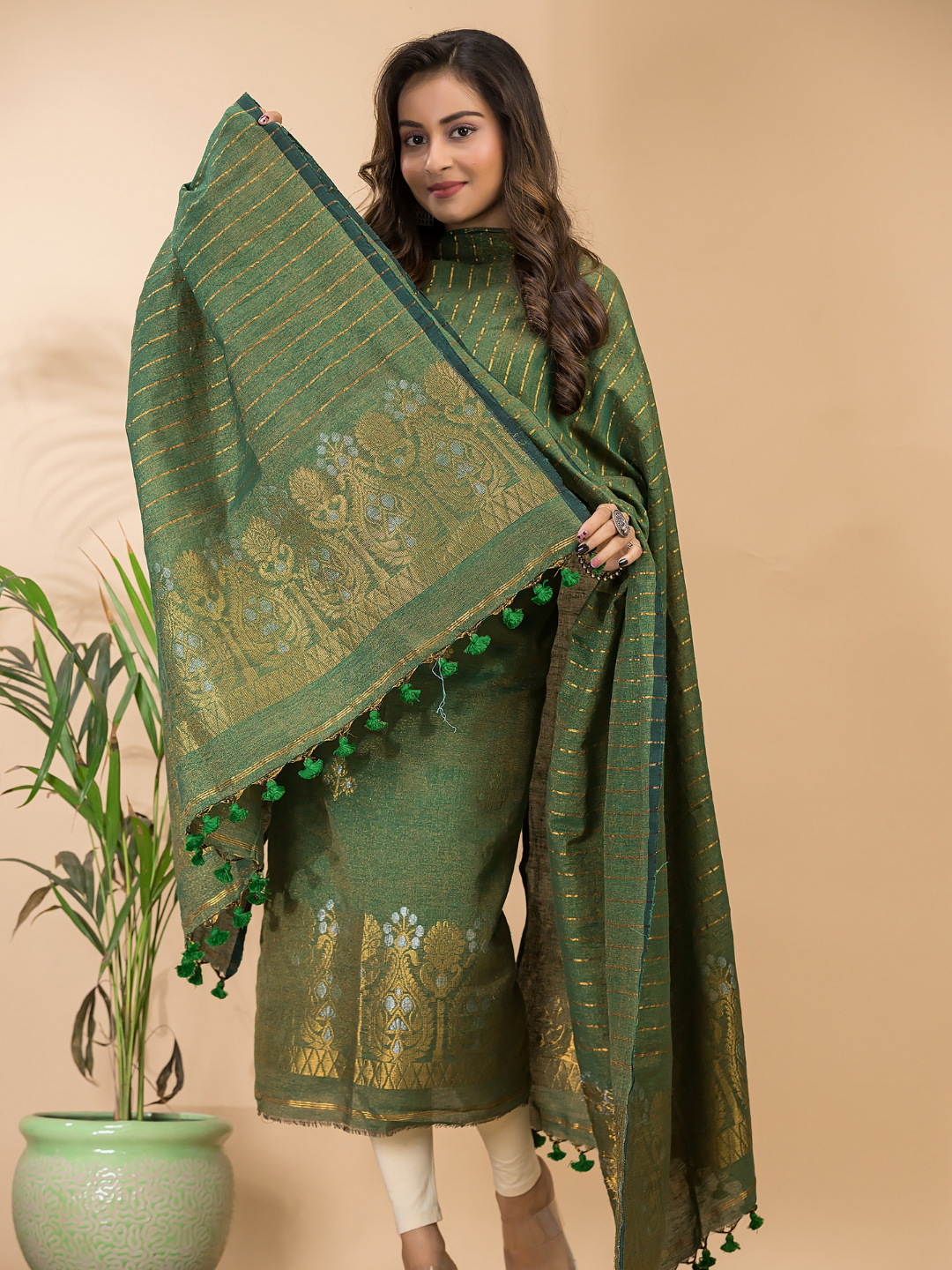 Forest Moss | Handloom Jamdani Linen Unstitched 2-Piece Kurti | Benaras Design