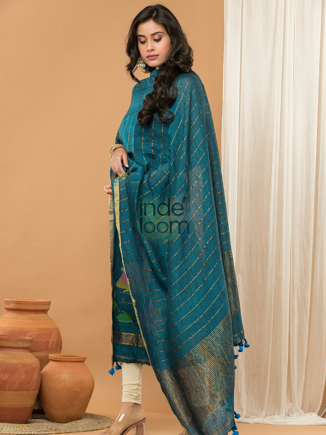 Linen Jamdani Unstitched 2-Piece Kurti  |  Navy Blue