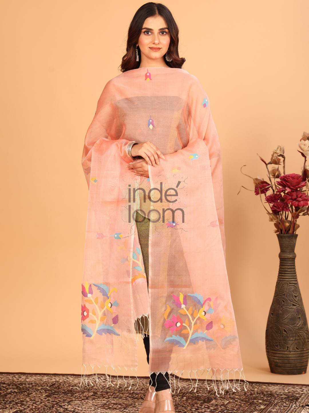 Pure Handloom Muslin Jamdani Dupatta With Punch Pink  - 028