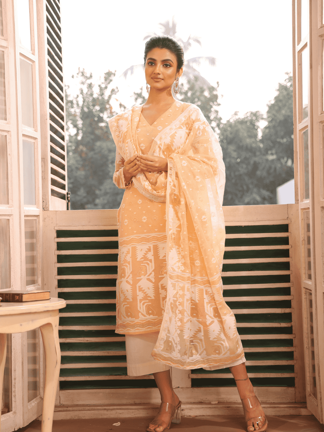 Light Yellow Cotton Silk Jamdani 2-Piece Set Kurti & Dupatta (UNSTITCHED) - 377 - indeloom