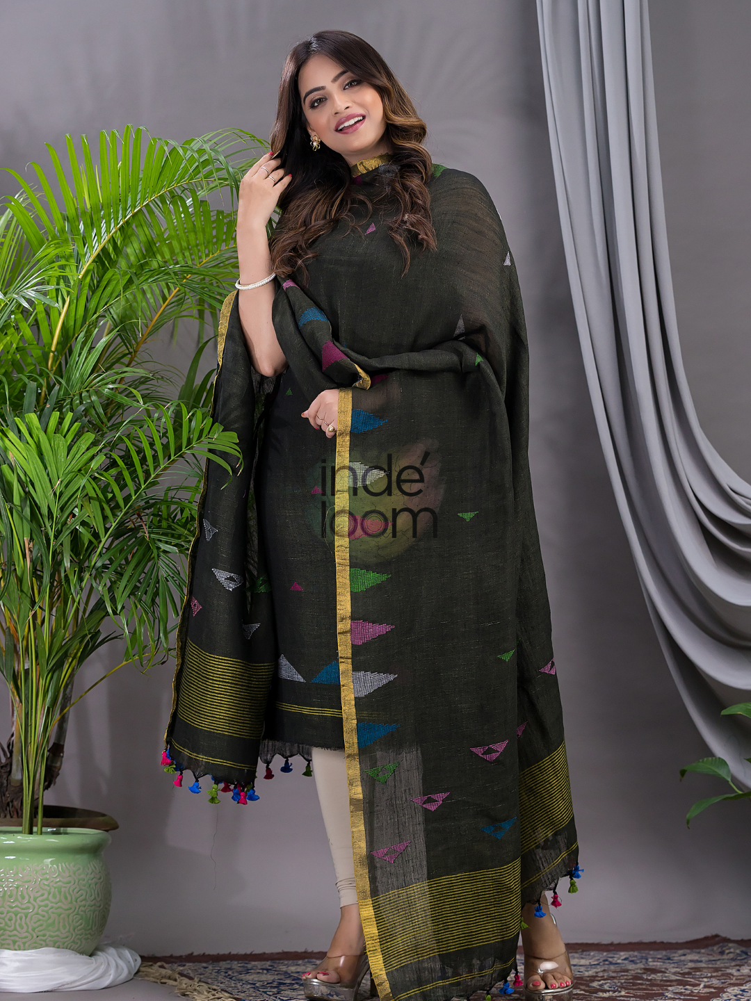 Army Green Linen X Linen 2-Piece Set Kurti & Dupatta (UNSTITCHED) - 117