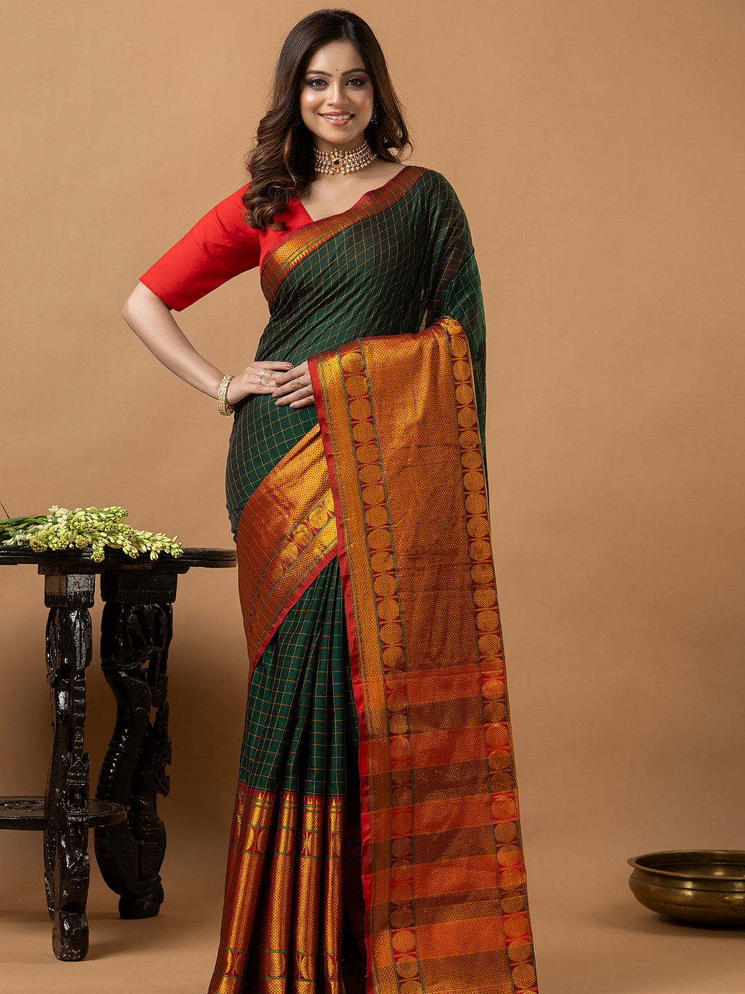Traditional Narayanpet Cotton Saree | Dark Green