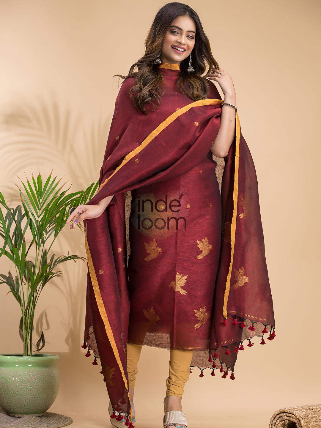 Wine Red Cotton Linen 2-Piece Set Kurti & Dupatta (UNSTITCHED) - 018