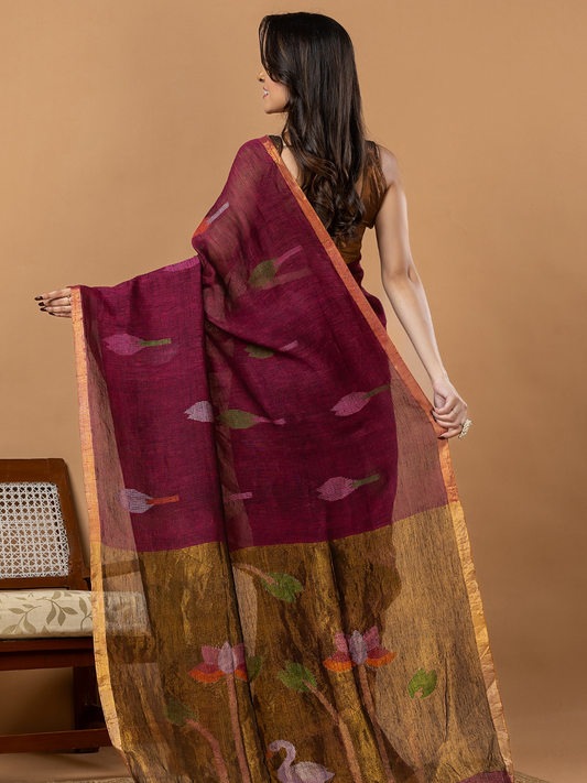 Handwoven Jamdani Linen Saree | Wine Magenta
