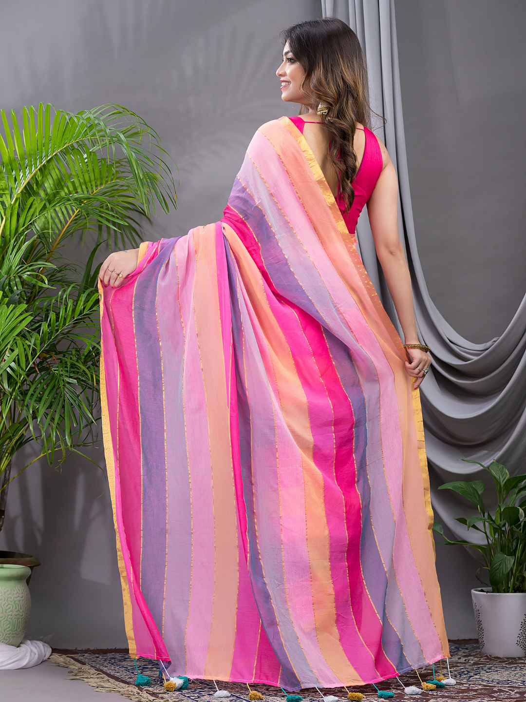 Handloom Mul Cotton Saree With Hot Pink - 002