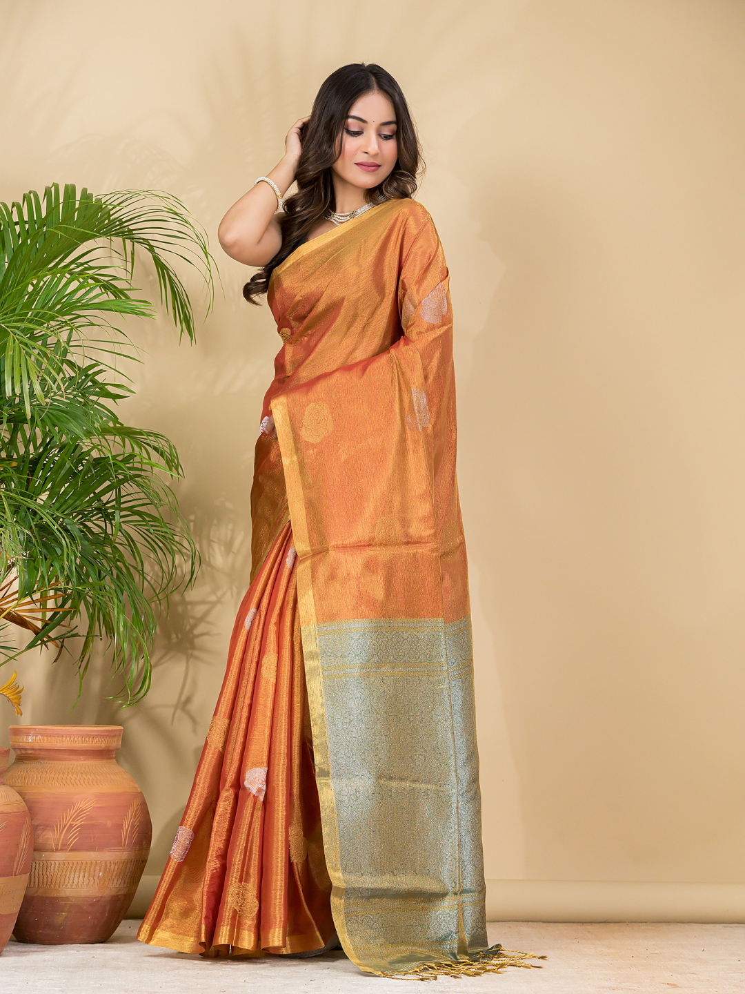 Tissue Silk Saree With Fire Orange - 031