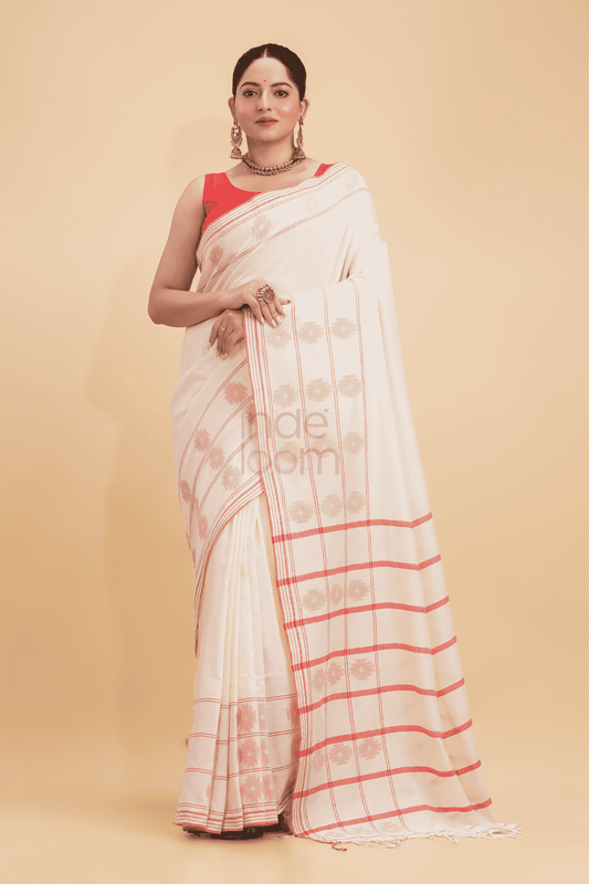 Dewali Saree Handloom Cotton in Red White 017 - indeloom