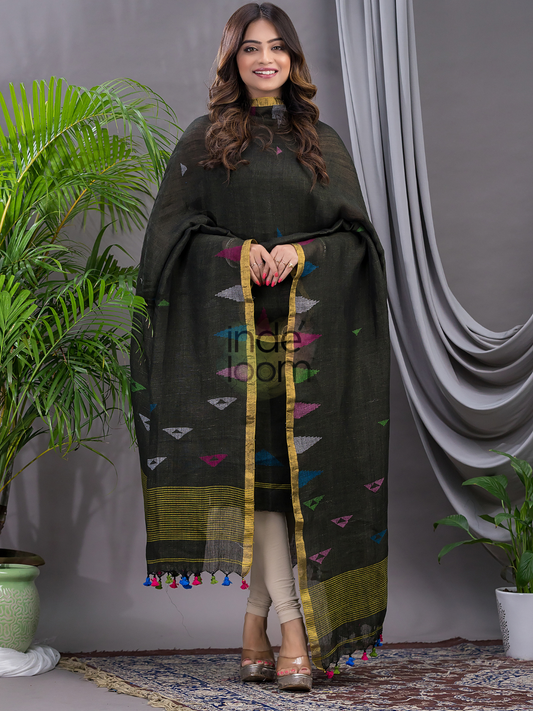 Army Green Linen X Linen 2-Piece Set Kurti & Dupatta (UNSTITCHED) - 117