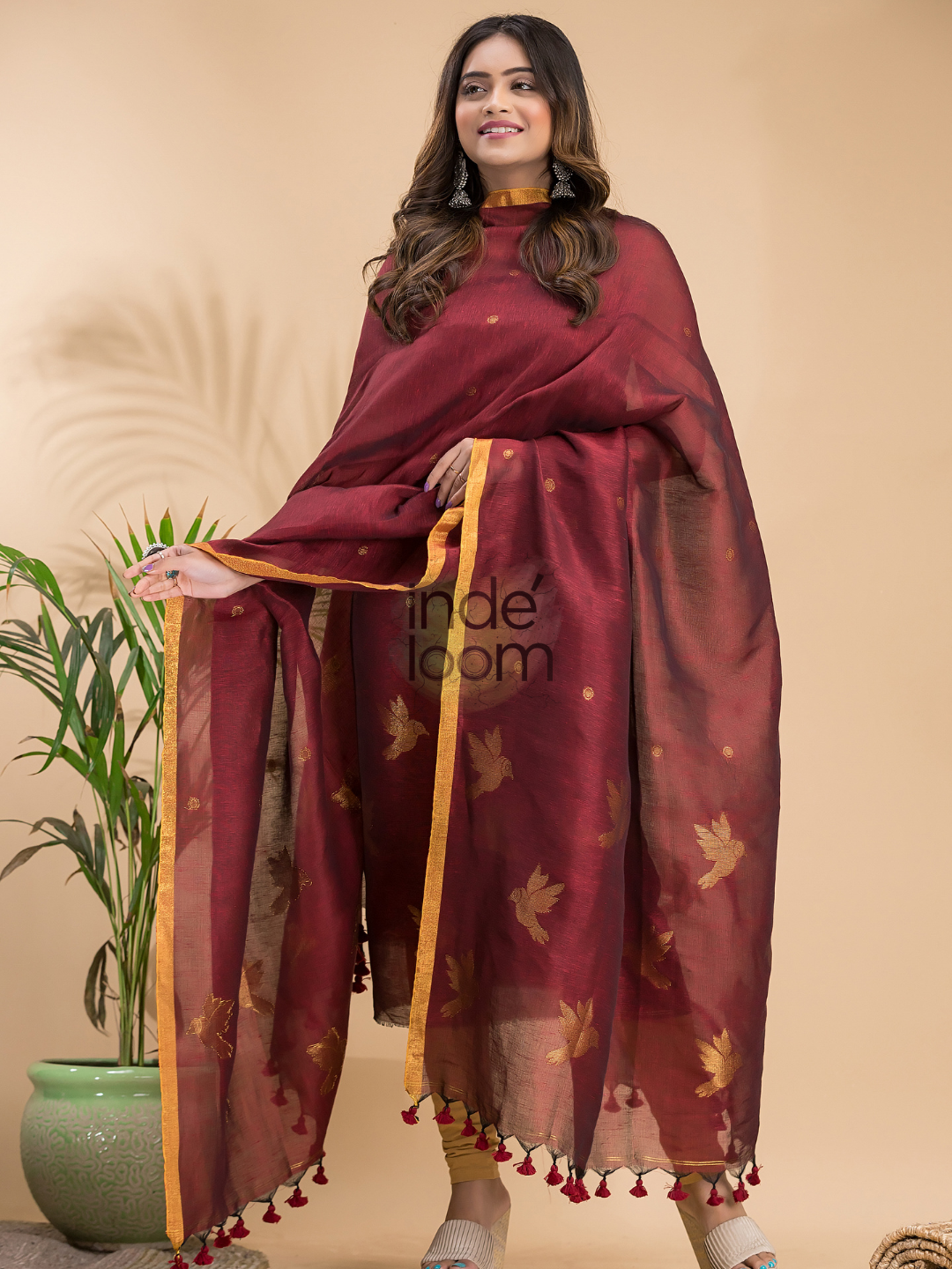 Wine Red Cotton Linen 2-Piece Set Kurti & Dupatta (UNSTITCHED) - 018
