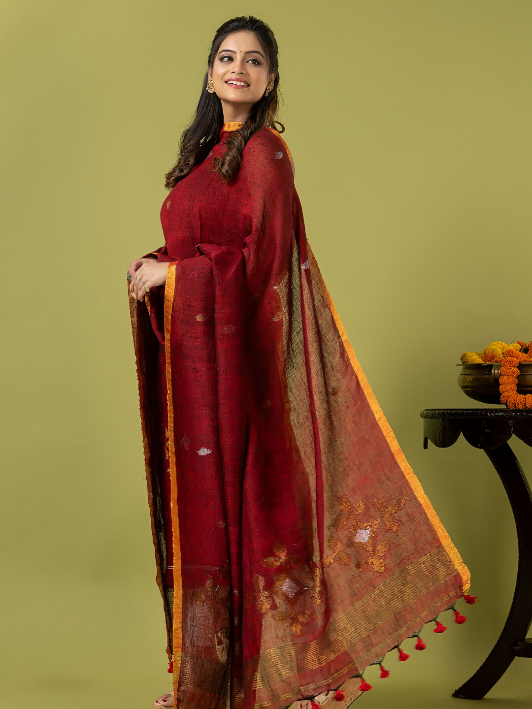 Handwoven Jamdani Linen Unstitched 2-piece Kurti | Deep Red