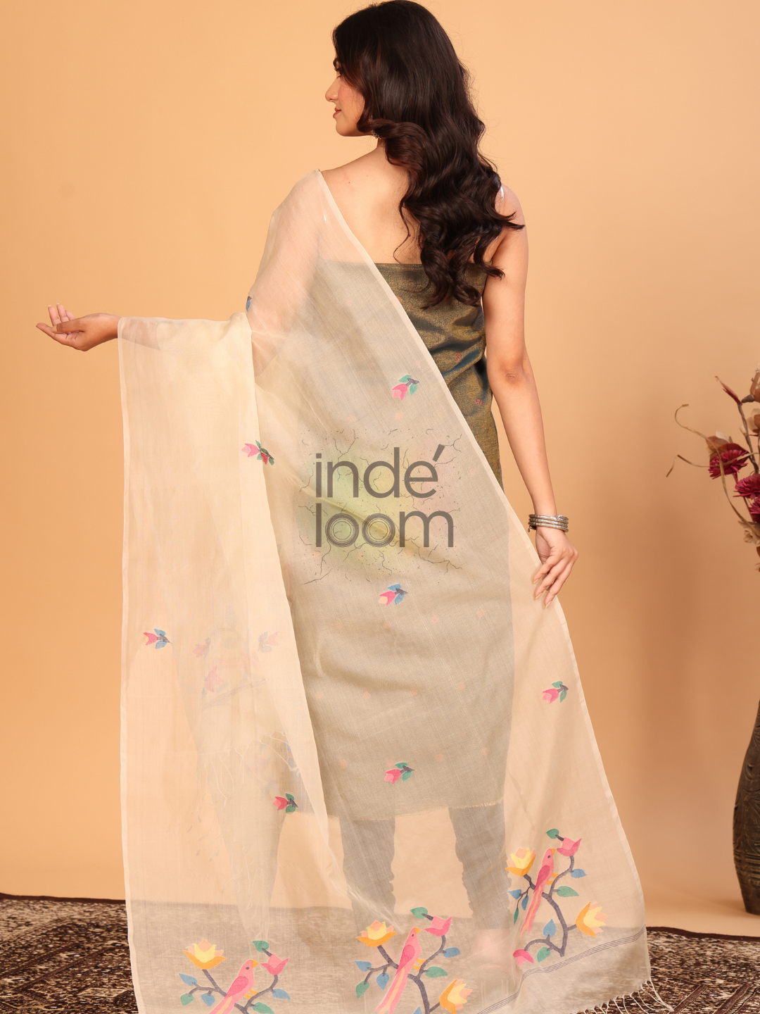 Pure Handloom Tussar Silk Jamdani Dupatta Tan Brown - 029