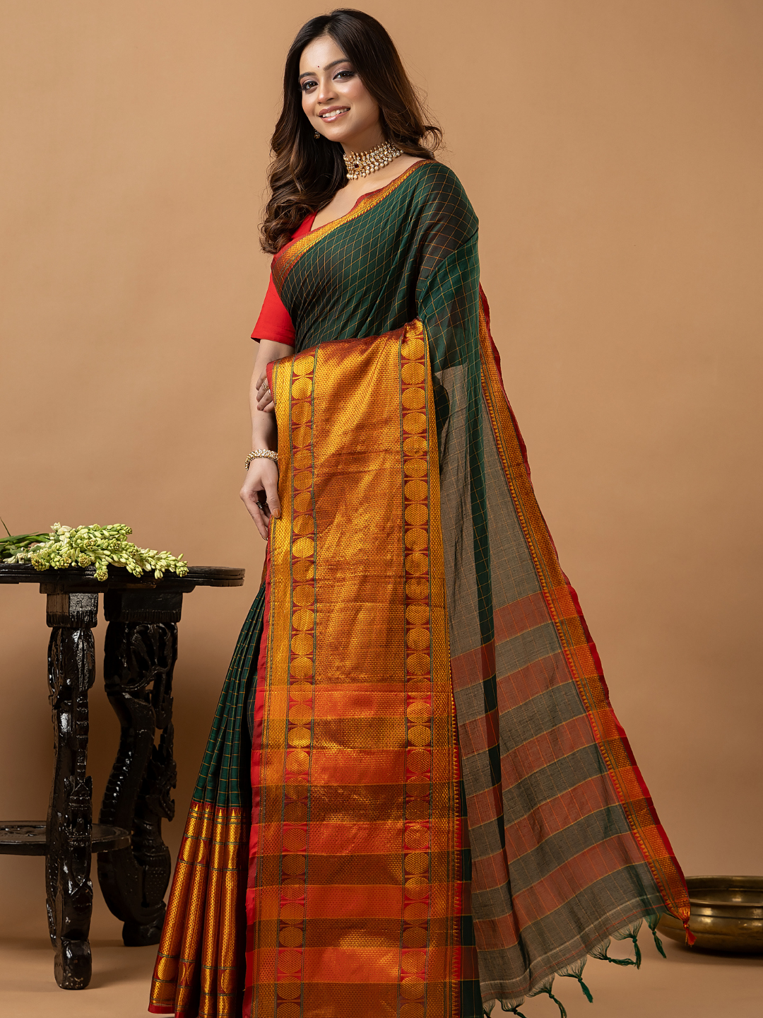 Traditional Narayanpet Cotton Saree | Dark Green