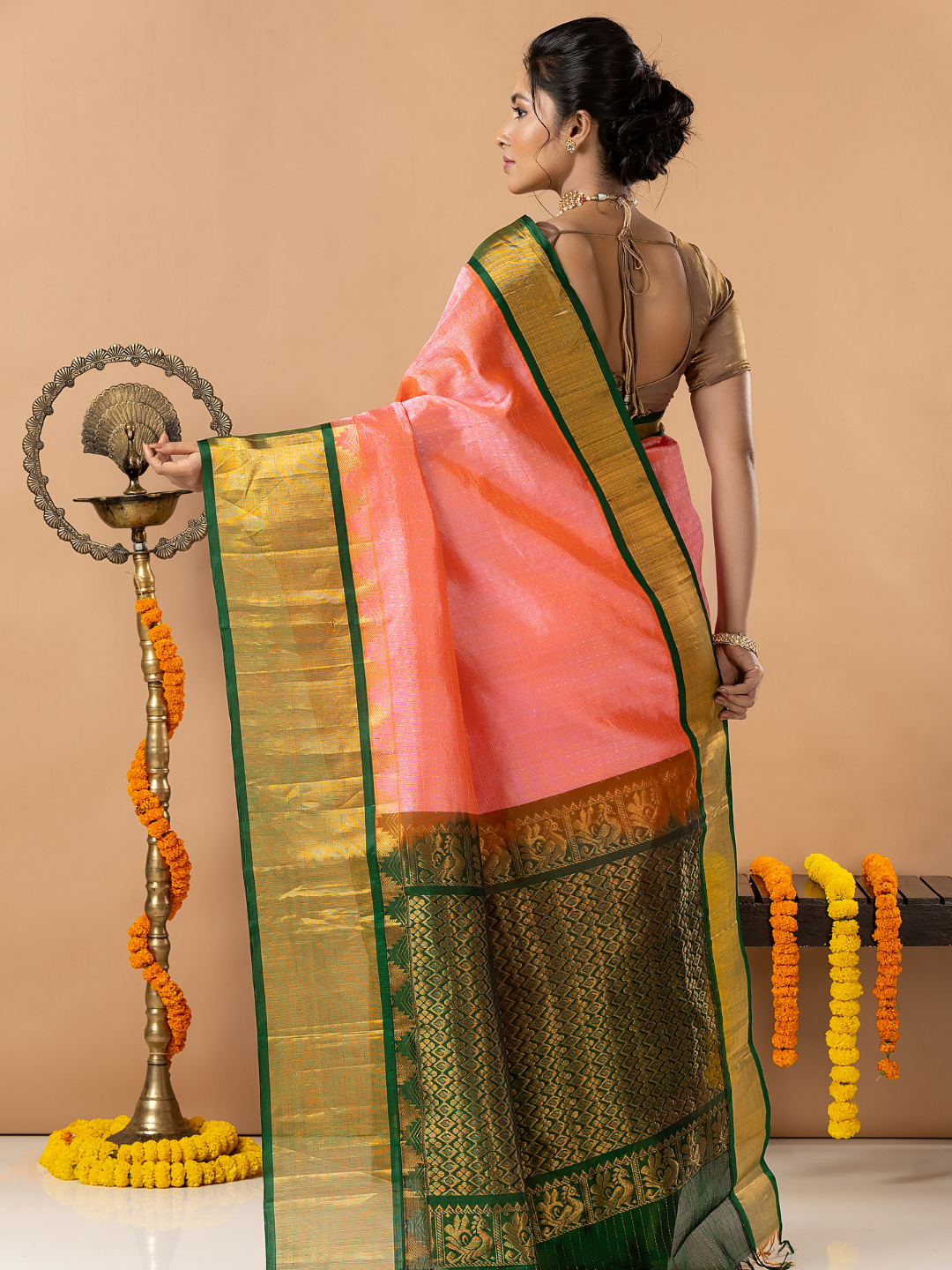 Handloom Korvai Silk Cotton Saree | Peach Coral