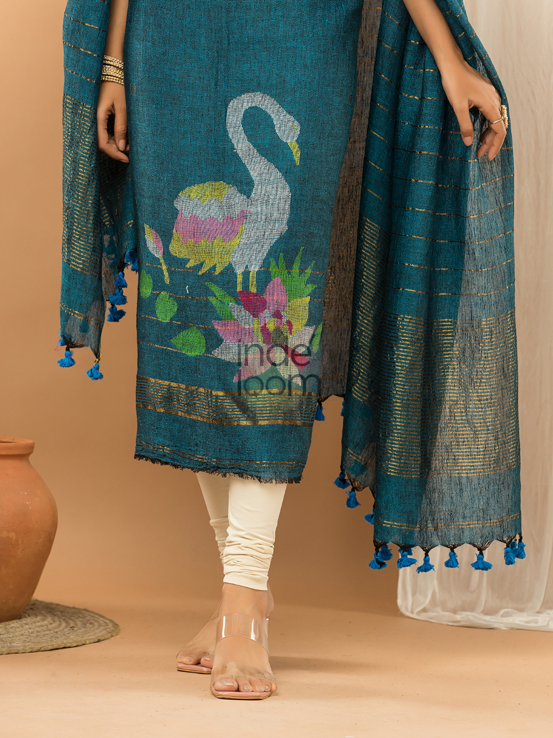 Linen Jamdani Unstitched 2-Piece Kurti  |  Navy Blue