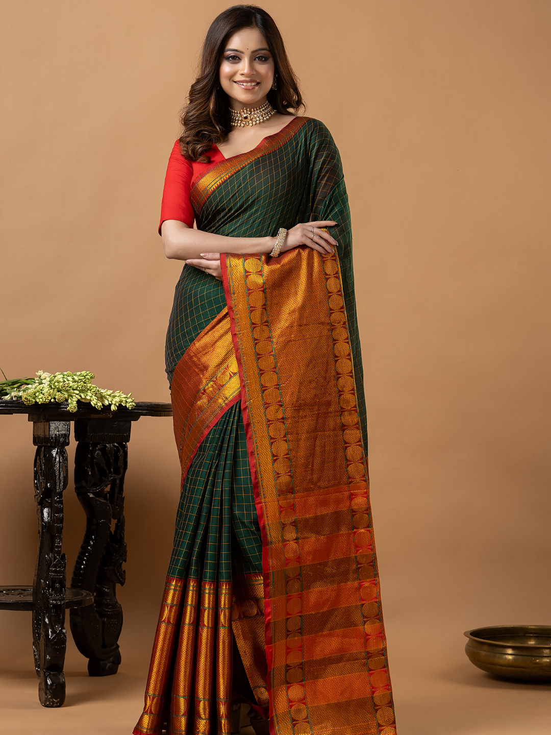 Traditional Narayanpet Cotton Saree | Dark Green