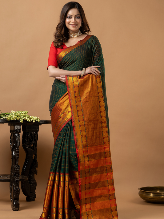 Traditional Narayanpet Cotton Saree | Dark Green