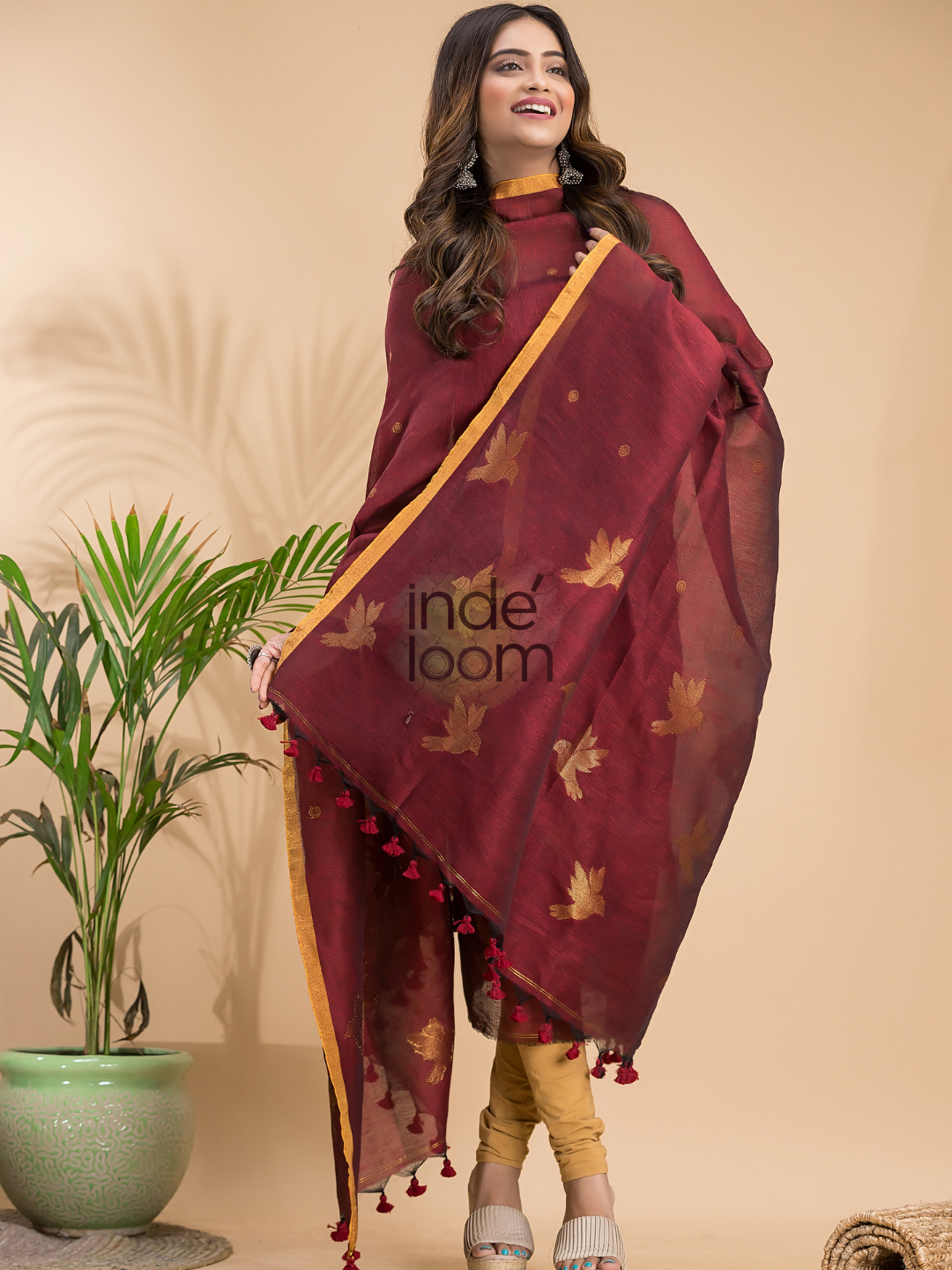 Wine Red Cotton Linen 2-Piece Set Kurti & Dupatta (UNSTITCHED) - 018