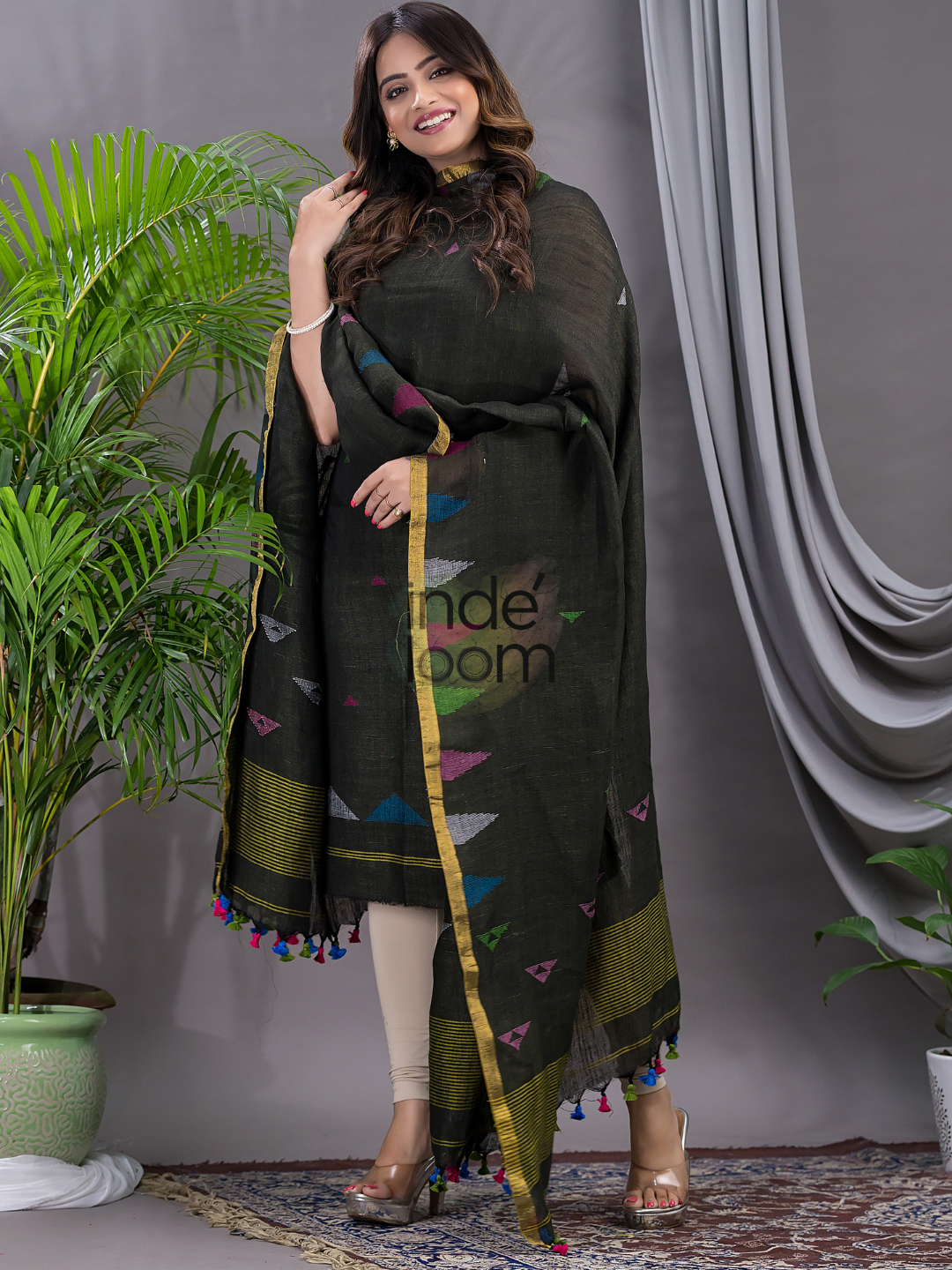 Army Green Linen X Linen 2-Piece Set Kurti & Dupatta (UNSTITCHED) - 117