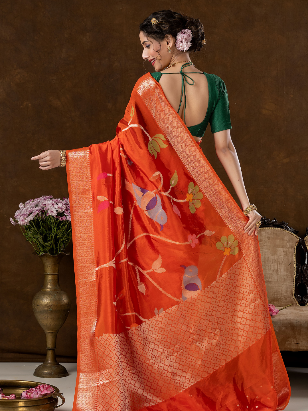Classic Benarasi Semi Silk Saree | Bright Orange