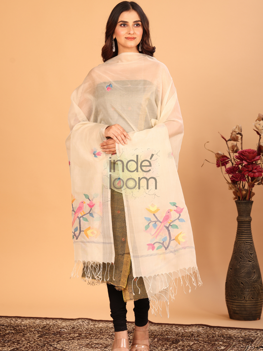 Pure Handloom Tussar Silk Jamdani Dupatta Tan Brown - 029