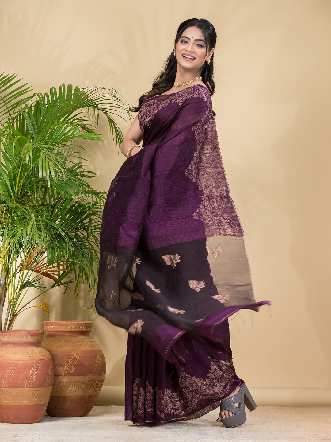 Matka Silk Jamdani Saree With Wine Purple - 025